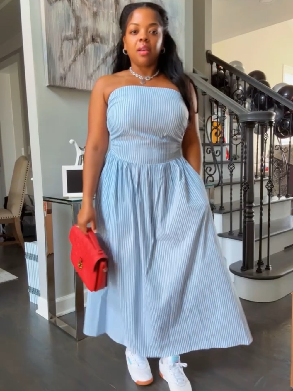 Striped Blue Strapless Midi Dress - Women